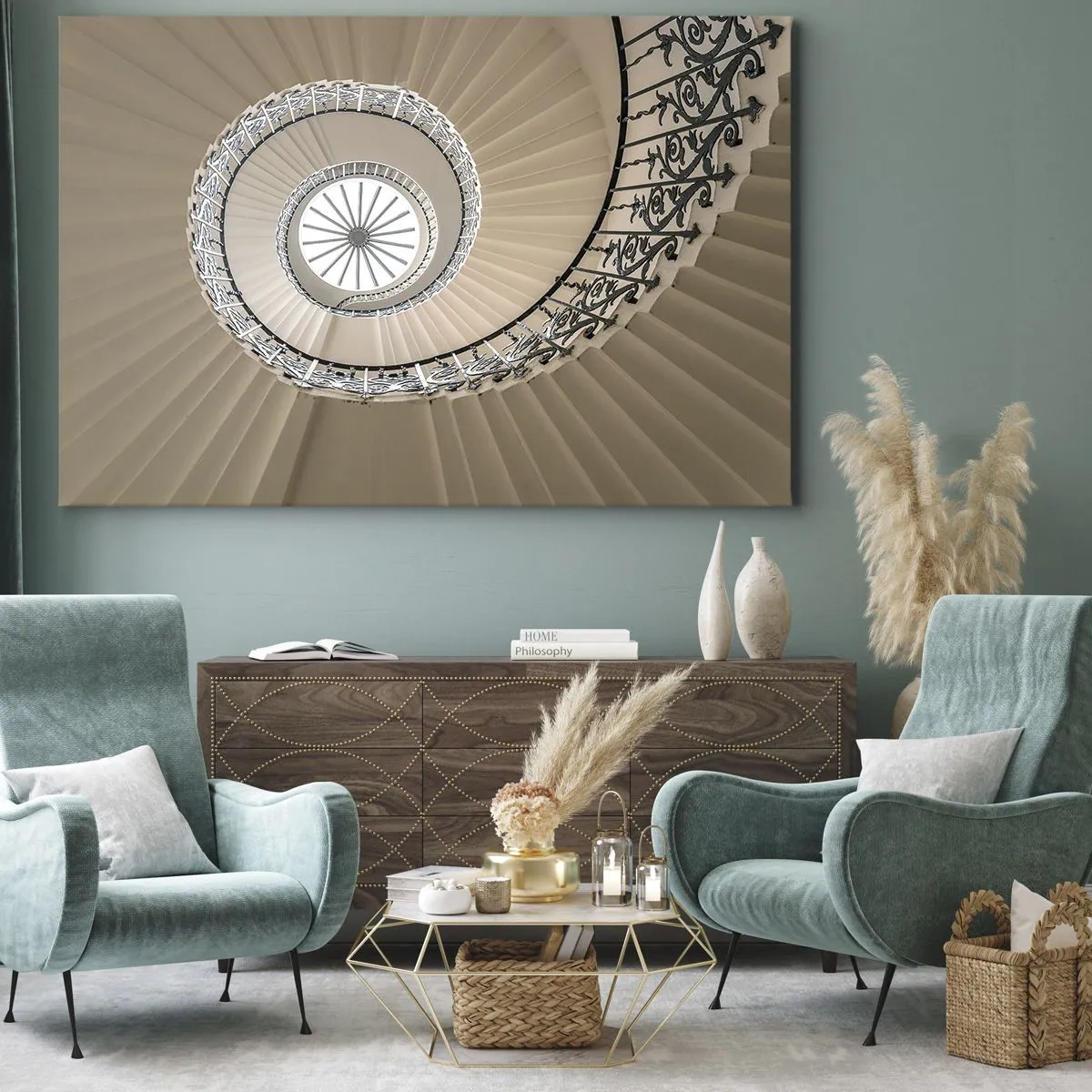 Obraz na płótnie - Spiralne schody w eleganckim ujęciu geometrycznym - 120x80cm - W środku muszli - Nowoczesna dekoracja ścienna do salonu, kuchni i sypialni ARTTOR