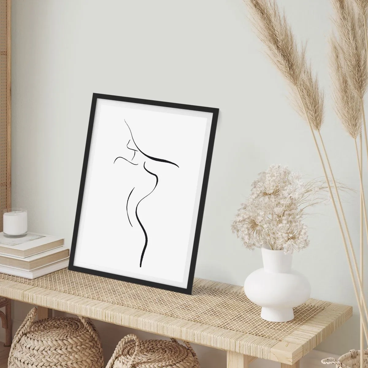 Plakat w czarnej ramie - Minimalistyczna sylwetka kobiety narysowana czarną linią - 50x70cm - Nieuchwytna jak fala - Nowoczesna dekoracja ścienna do salonu i sypialni ARTTOR