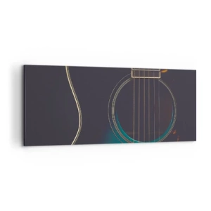 Obraz na płótnie - Akustyczna gitara w ciemnym, eleganckim świetle - 120x50cm - Chwila zanim zabrzmi - Nowoczesna dekoracja ścienna do salonu i sypialni ARTTOR
