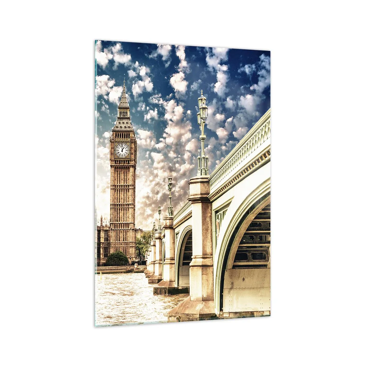 Obraz na szkle - Big Ben i Westminster Bridge oświetlone słońcem w Londynie - 70x100cm - Pierzaste obłoki nad  Tamizą - Nowoczesna dekoracja ścienna do salonu i sypialni ARTTOR