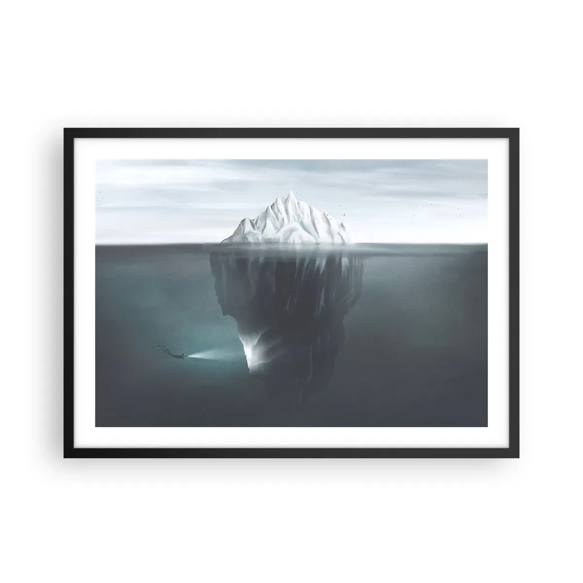 Plakat w czarnej ramie - Góra lodowa w wodzie z nurkiem i reflektorem pod powierzchnią - 70x50cm - Podwodna tajemnica - Nowoczesna dekoracja ścienna do salonu i sypialni ARTTOR