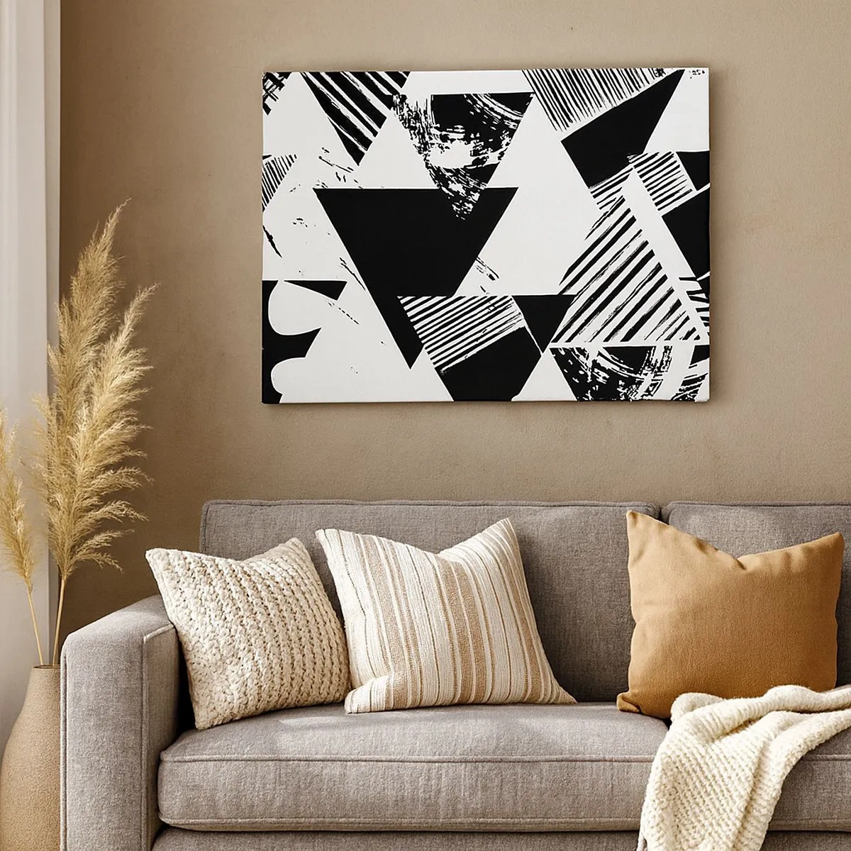Obraz na płótnie - Geometryczne wzory w czarno-białej minimalistycznej formie - 70x50cm - Deszcz trójkątów - Nowoczesna dekoracja ścienna do salonu i sypialni ARTTOR