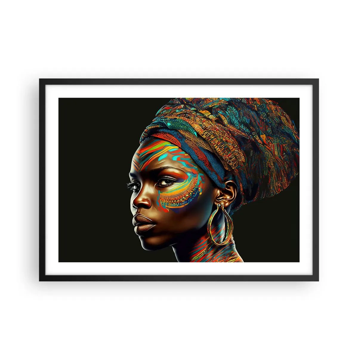 Plakat w czarnej ramie - Portret kobiety z kolorowym wzorem i turbanem - 70x50cm - Afrykańska królowa - Nowoczesna dekoracja ścienna do salonu i sypialni ARTTOR