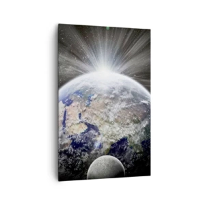 Obraz na płótnie - Ziemia i Księżyc oświetlone blaskiem w kosmosie - 80x120cm - W pełnym blasku - Nowoczesna dekoracja ścienna do salonu i sypialni ARTTOR