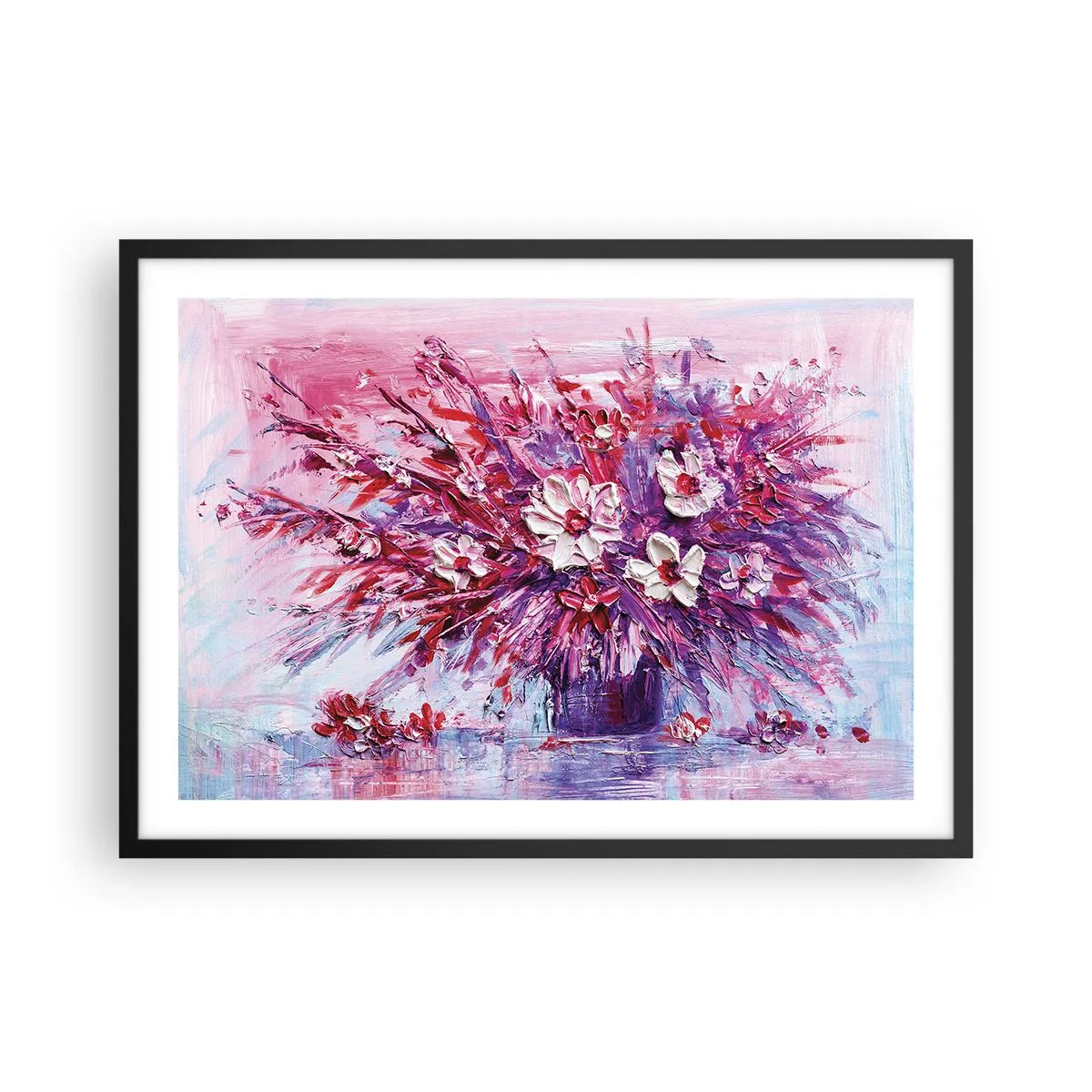 Plakat w czarnej ramie - Kolorowy bukiet kwiatów w różowych i fioletowych tonacjach - 70x50cm - Niewinność i namiętność  - Nowoczesna dekoracja ścienna do salonu i sypialni ARTTOR