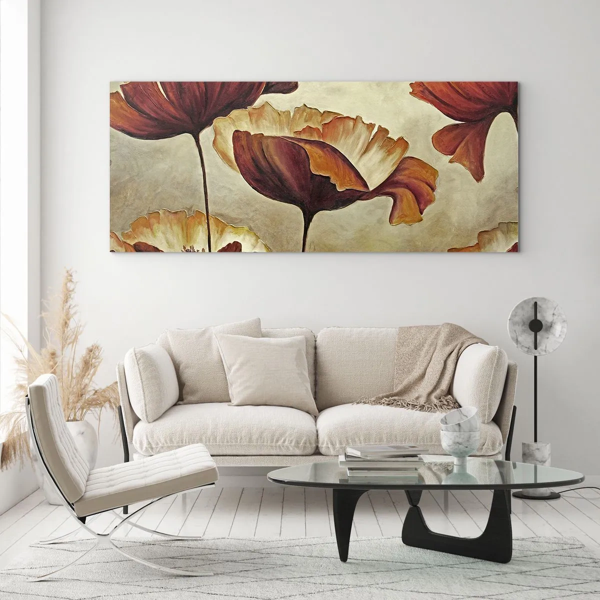 Obraz na szkle - Subtelne kwiaty w odcieniach czerwieni i złota na jasnym tle - 120x50cm - Łąki łan - Nowoczesna dekoracja ścienna do salonu i sypialni ARTTOR