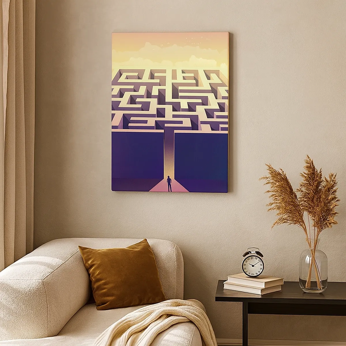 Obraz na płótnie - Samotna postać stojąca przed wejściem do ogromnego labiryntu w złotym świetle - 50x70cm - Czas decyzji - Nowoczesna dekoracja ścienna do salonu, kuchni i sypialni ARTTOR