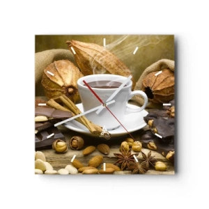 Zegar ścienny - Filiżanka gorącej czekolady otoczona kakao i cynamonem - 30x30cm - Dla poszukiwaczy wrażeń - Nowoczesna dekoracja ścienna do salonu i sypialni ARTTOR