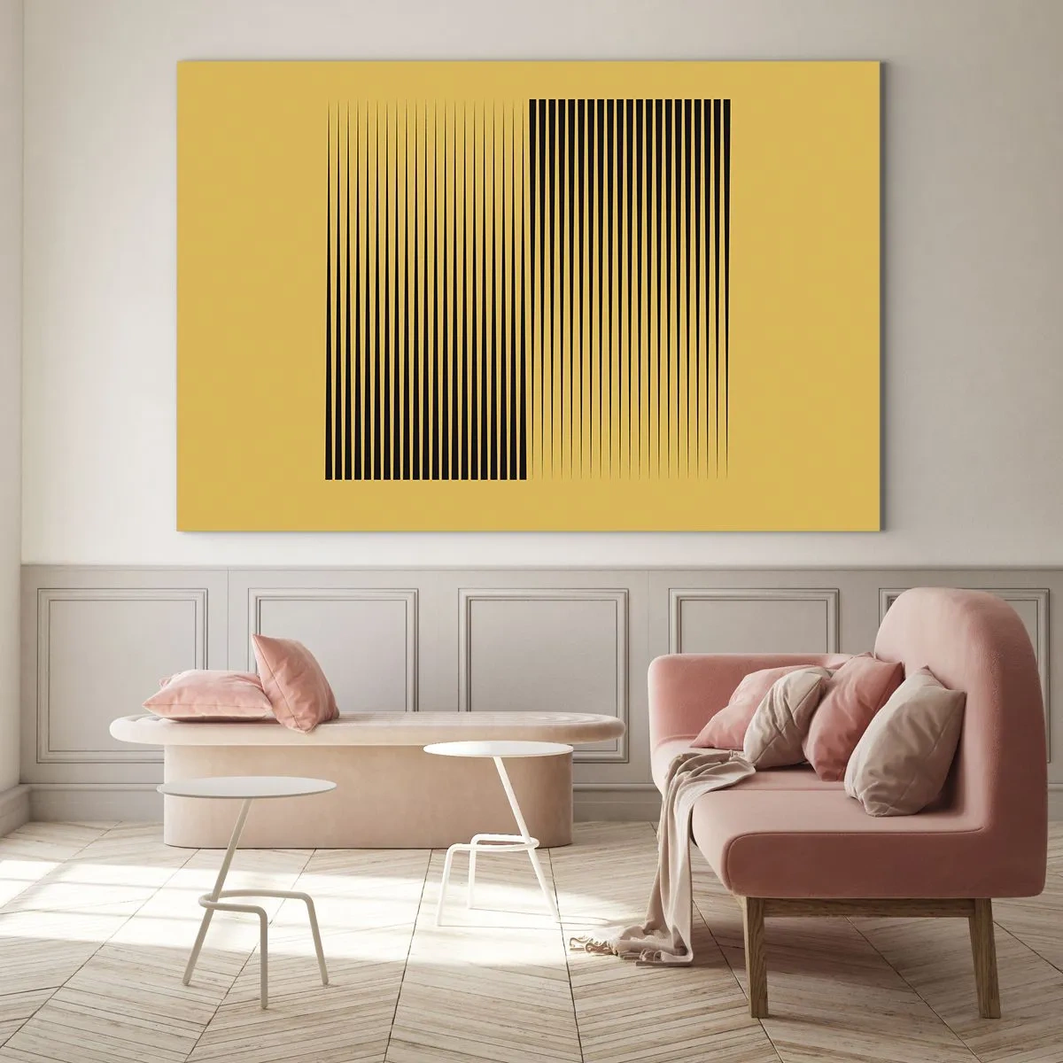 Obraz na szkle - Czarne pionowe linie tworzące geometryczną iluzję - 70x50cm - Kwadratura przeciwieństw - Nowoczesna dekoracja ścienna do salonu i sypialni ARTTOR
