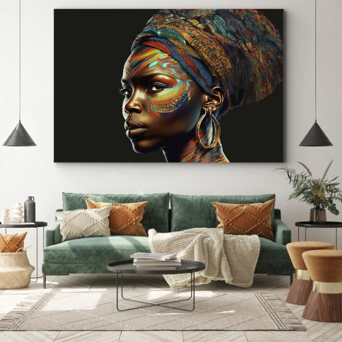 Obraz na płótnie - Afrykańska królowa - Portret kobiety z kolorowym wzorem i turbanem - 70x50cm