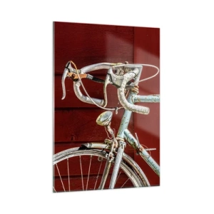Obraz na szkle - Stary rower szosowy z lat 70. na tle czerwonej drewnianej ściany - 50x70cm - Stworzony do zwycięstw - Nowoczesna dekoracja ścienna do salonu, kuchni i sypialni ARTTOR