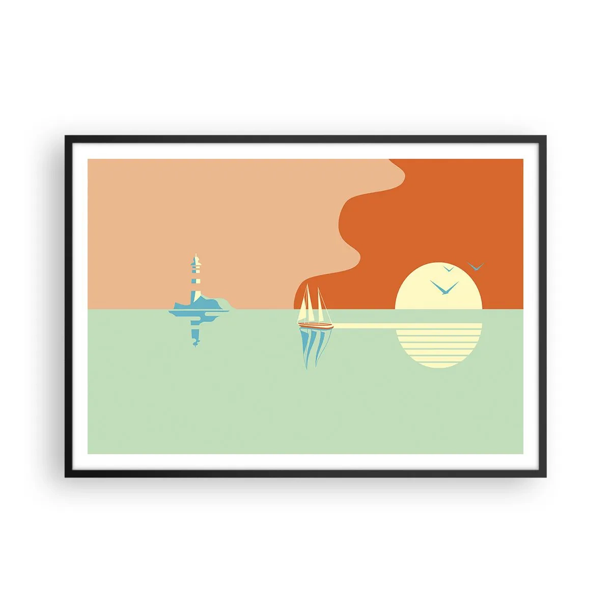 Plakat w czarnej ramie - Minimalistyczny pejzaż morski z żaglówką i zachodem słońca - 100x70cm - Morski pejzaż idealny - Nowoczesna dekoracja ścienna do salonu i sypialni ARTTOR