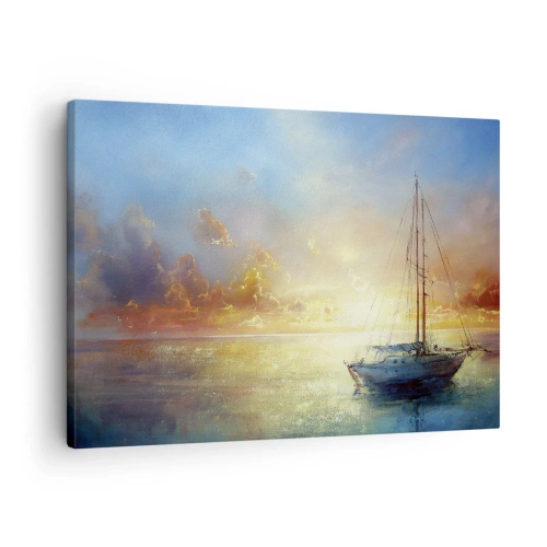 Obraz na płótnie - Jacht na spokojnym morzu o zachodzie słońca - 70x50cm - W złotej zatoce - Nowoczesna dekoracja ścienna do salonu i sypialni ARTTOR
