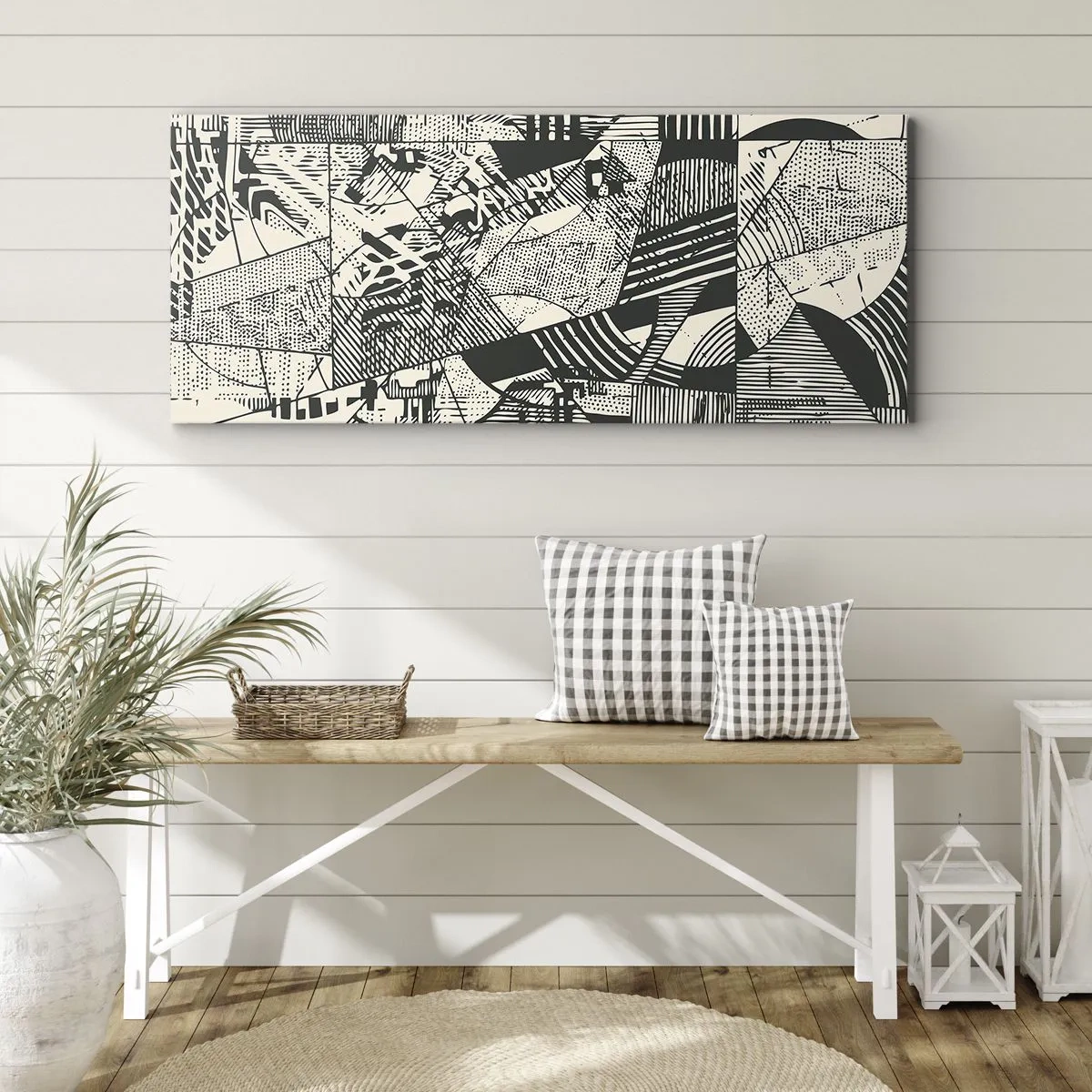 Obraz na płótnie - Geometryczne abstrakcyjne wzory w odcieniach zieleni na jasnym tle - 160x50cm - Dynamika współczesności - Nowoczesna dekoracja ścienna do salonu i sypialni ARTTOR