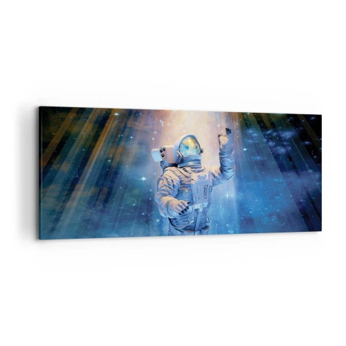 Obraz na płótnie - Astronauta w świetle kosmicznej eksplozji pełnej gwiazd - 120x50cm - Wreszcie u celu - Nowoczesna dekoracja ścienna do salonu i sypialni ARTTOR