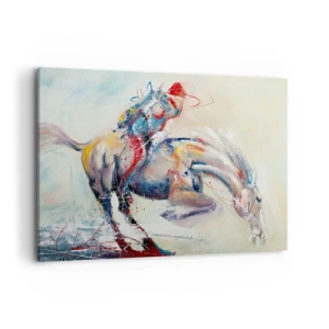 Obraz na płótnie - Dynamiczny obraz konia w abstrakcyjnym stylu artystycznym - 100x70cm - Trzymaj się, lecimy - Nowoczesna dekoracja ścienna do salonu, kuchni i sypialni ARTTOR