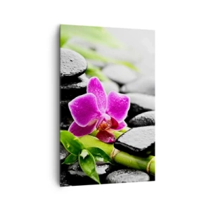 Obraz na płótnie - Fioletowa orchidea, czarne kamienie i bambus w spokojnej kompozycji - 80x120cm - W spokojnej równowadze - Nowoczesna dekoracja ścienna do salonu i sypialni ARTTOR