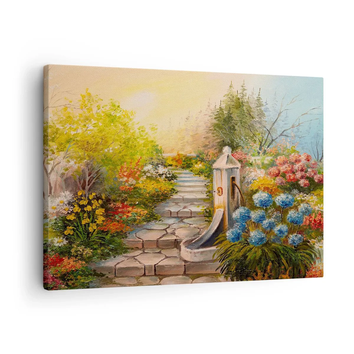 Obraz na płótnie - Malowniczy ogród z fontanną i kolorowymi kwiatami - 70x50cm - W pełnym rozkwicie - Nowoczesna dekoracja ścienna do salonu i sypialni ARTTOR