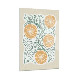 Obraz na szkle - Pomarańczowe owoce i zielone liście w graficznej kompozycji - 50x70cm - Etnicznie z nutą abstrakcji - Nowoczesna dekoracja ścienna do salonu, kuchni i sypialni ARTTOR