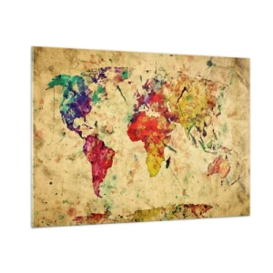Obraz na szkle - Kolorowa mapa świata na teksturowanym, vintage tle - 100x70cm - Życie jak barwny papier mapy - Nowoczesna dekoracja ścienna do salonu, kuchni i sypialni ARTTOR