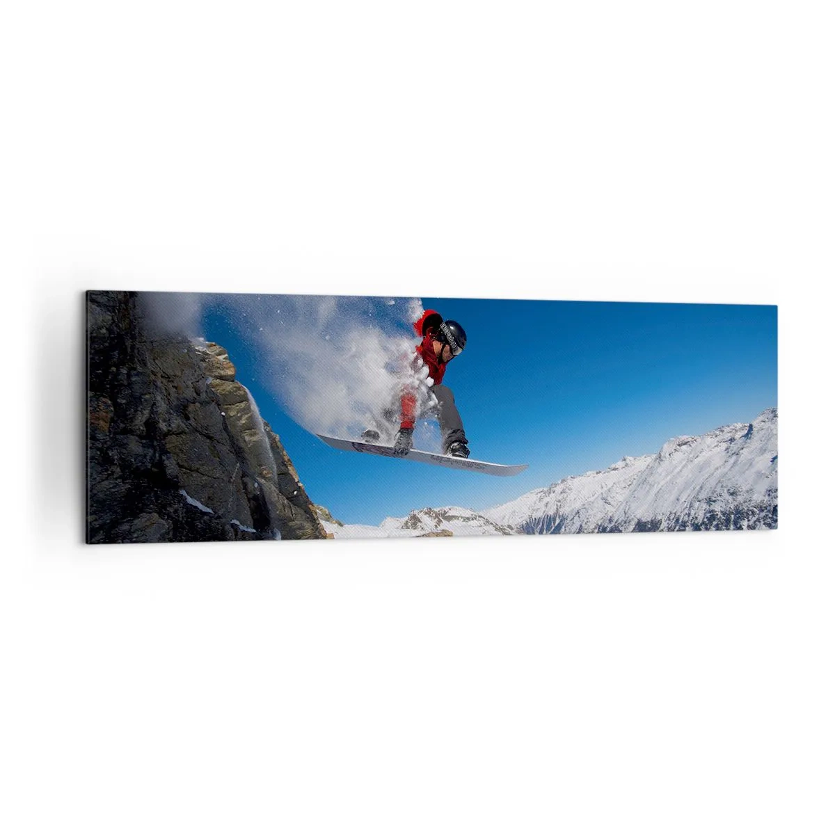 Obraz na płótnie - Snowboardzista skaczący ze skały na tle górskiego krajobrazu - 160x50cm - I stałeś się częścią przestrzeni - Nowoczesna dekoracja ścienna do salonu i sypialni ARTTOR