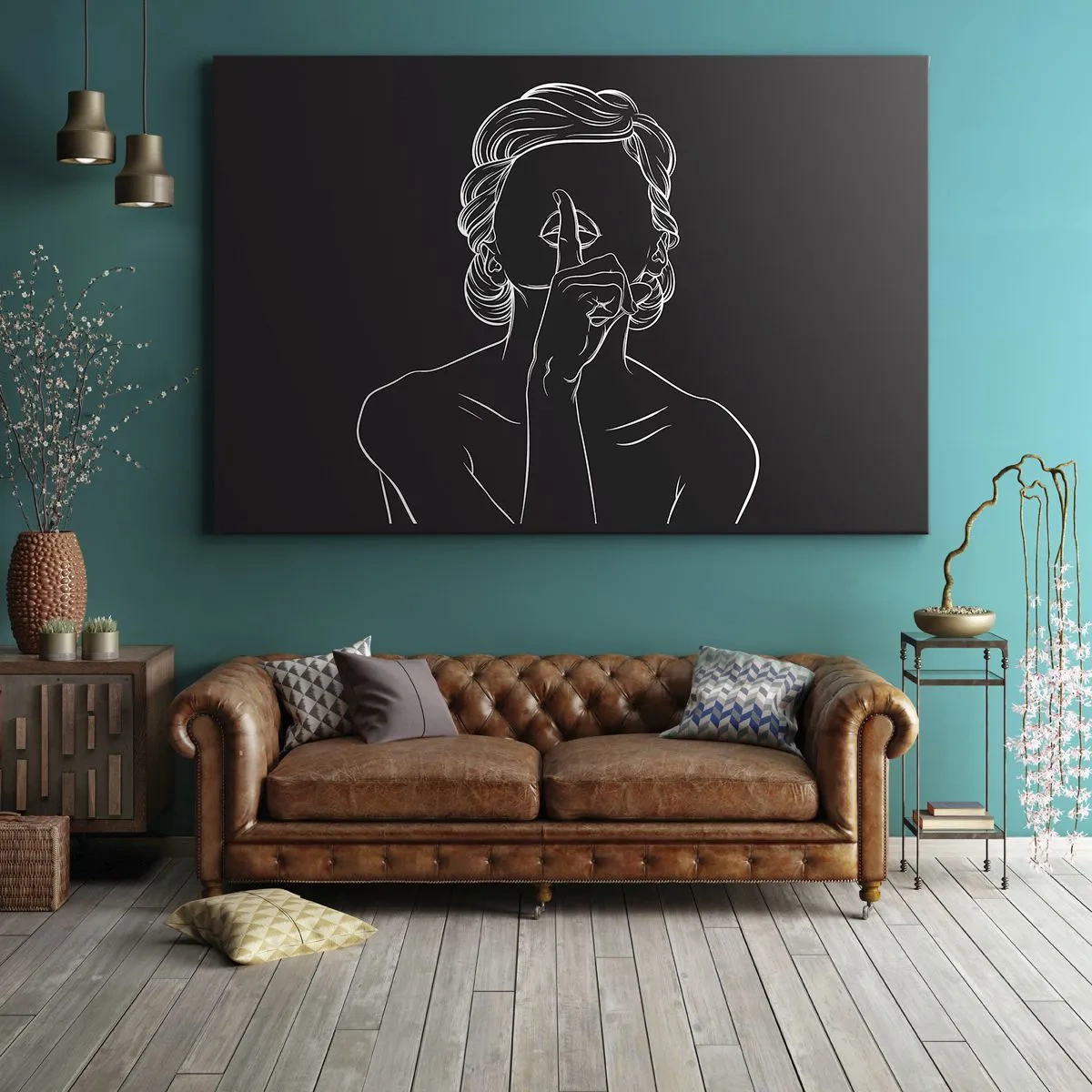 Obraz na płótnie - Minimalistyczna sylwetka kobiety na czarnym tle - 70x50cm - Piękno rozkwita w ciszy - Nowoczesna dekoracja ścienna do salonu i sypialni ARTTOR