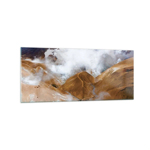 Obraz na szkle - Górski krajobraz z parą wodną w surowym klimacie - 120x50cm - Surowa uroda Islandii - Nowoczesna dekoracja ścienna do salonu i sypialni ARTTOR