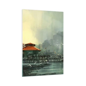 Obraz na szkle - Portowa zabudowa w deszczowej scenerii z mewami - 70x100cm - Słotny dzień w porcie - Nowoczesna dekoracja ścienna do salonu i sypialni ARTTOR
