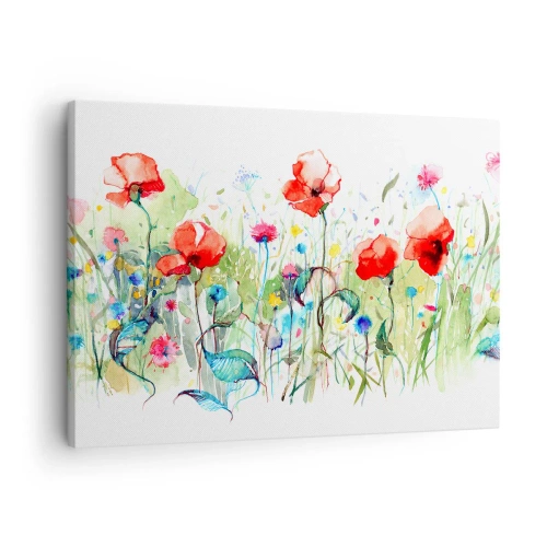 Obraz na płótnie - Łąka z czerwonymi makami i kolorowymi kwiatami w akwareli - 70x50cm - Kwitnąca majem łąka - Nowoczesna dekoracja ścienna do salonu i sypialni ARTTOR