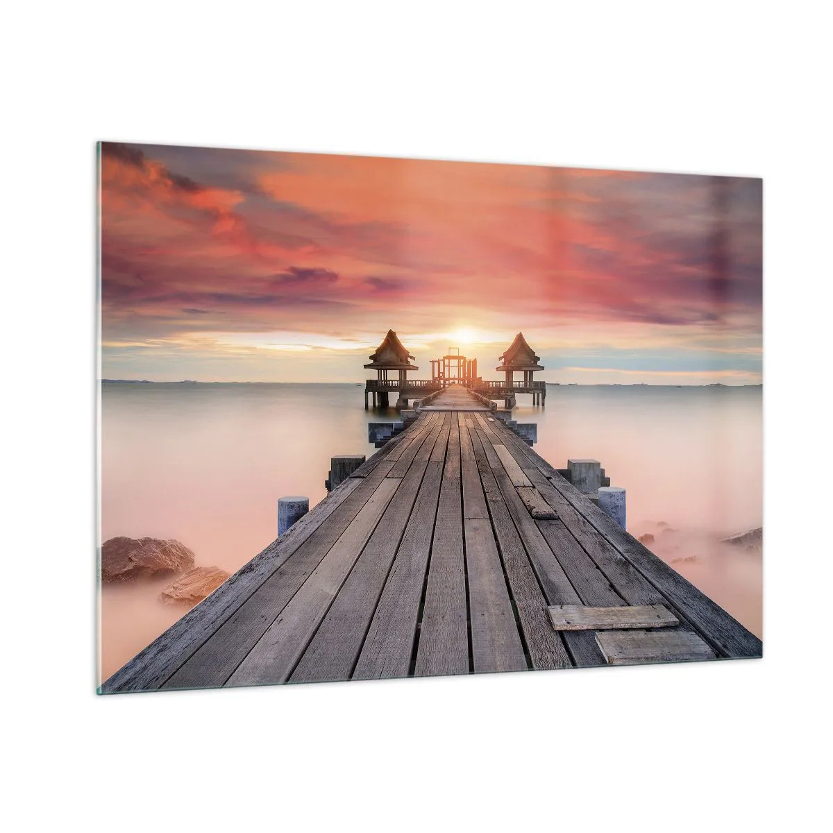 Obraz na szkle - Drewniane molo prowadzące do altanek nad wodą o zachodzie słońca - 100x70cm - Zachód na wschodzie - Nowoczesna dekoracja ścienna do salonu, kuchni i sypialni ARTTOR