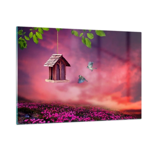 Obraz na szkle - Karmnik dla ptaków na tle różowego nieba - 120x80cm - Zaproszenie na kolację - Nowoczesna dekoracja ścienna do salonu, kuchni i sypialni ARTTOR