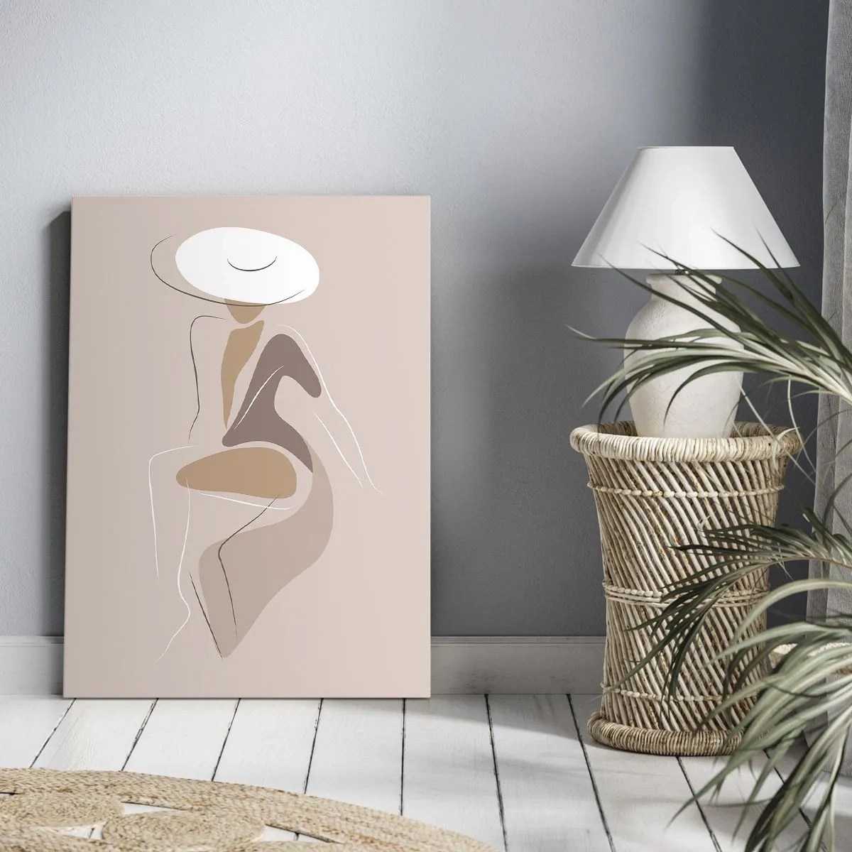 Obraz na płótnie - Minimalistyczna sylwetka kobiety w kapeluszu w beżowych odcieniach - 50x70cm - Damą być - Nowoczesna dekoracja ścienna do salonu, kuchni i sypialni ARTTOR