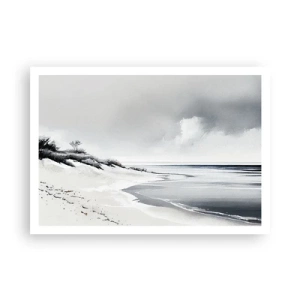 Plakat - Plaża w stonowanych odcieniach szarości i błękitu - 100x70cm - Od zawsze razem - Nowoczesna dekoracja ścienna do salonu i sypialni ARTTOR