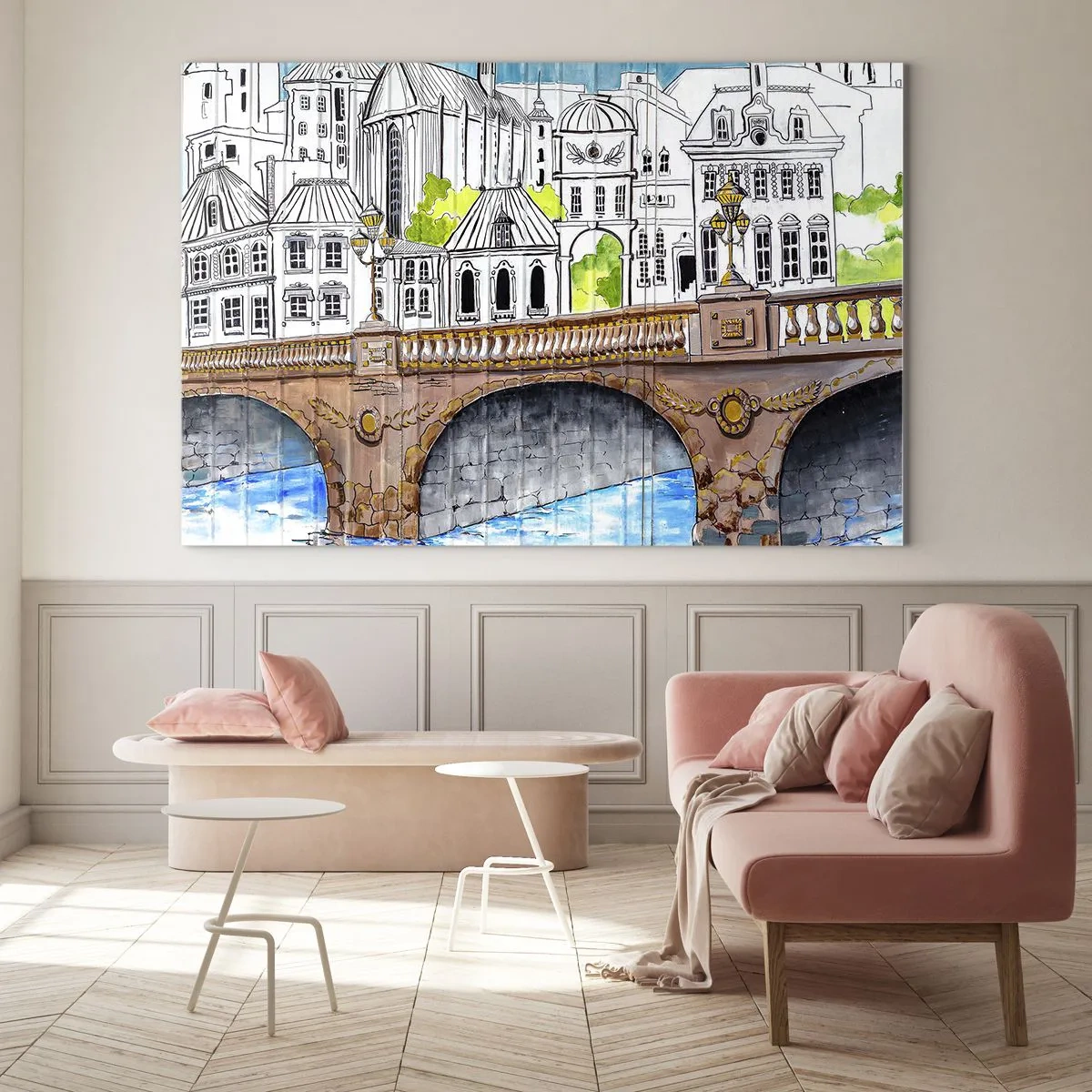 Obraz na szkle - Most i architektura miejskiej zabudowy w formie szkicu akwarelowego - 70x50cm - Miasto jak malowane - Nowoczesna dekoracja ścienna do salonu i sypialni ARTTOR
