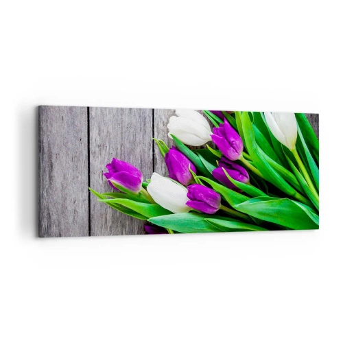 Obraz na płótnie - Bukiet fioletowych i białych tulipanów na drewnianym tle - 120x50cm - W dniu wiosennego święta - Nowoczesna dekoracja ścienna do salonu i sypialni ARTTOR