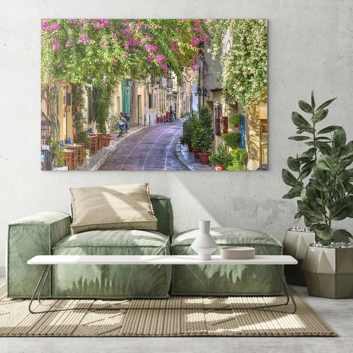 Obraz na szkle - Urokliwa ulica z kwitnącymi drzewami - 70x50cm - Kwitnący zaułek - Nowoczesna dekoracja ścienna do salonu i sypialni ARTTOR