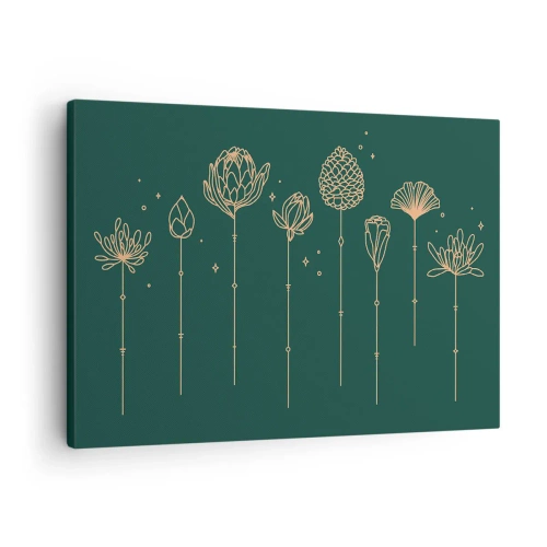 Obraz na płótnie - Złote rysunki ziół na tle ciemnozielonym - 70x50cm - Rodzina ZIÓŁkowskich - Nowoczesna dekoracja ścienna do salonu i sypialni ARTTOR