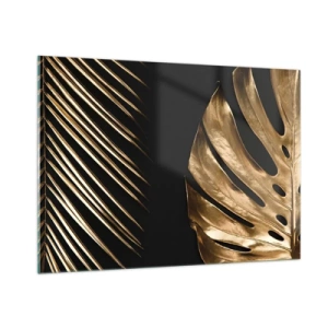 Obraz na szkle - Złote liście palmowe i monstery na czarnym tle - 100x70cm - Różne, a równie drogie - Nowoczesna dekoracja ścienna do salonu, kuchni i sypialni ARTTOR