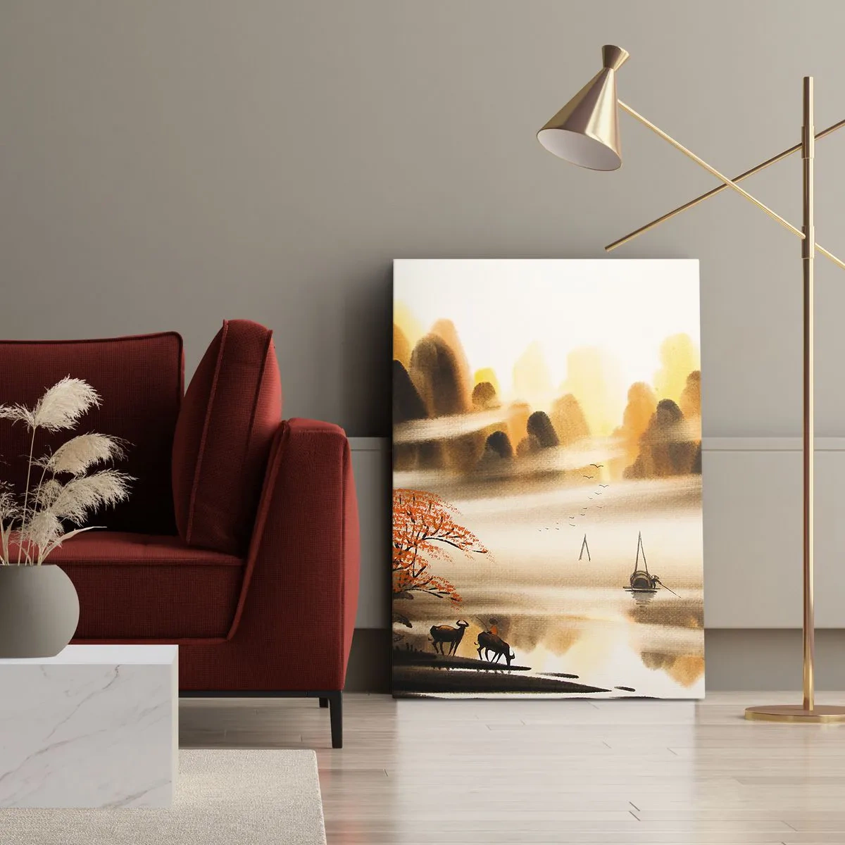 Obraz na płótnie - Malowniczy pejzaż górski z rzeką i łodzią o wschodzie słońca - 50x70cm - Dalej niż na Dalekim Wschodzie - Nowoczesna dekoracja ścienna do salonu, kuchni i sypialni ARTTOR