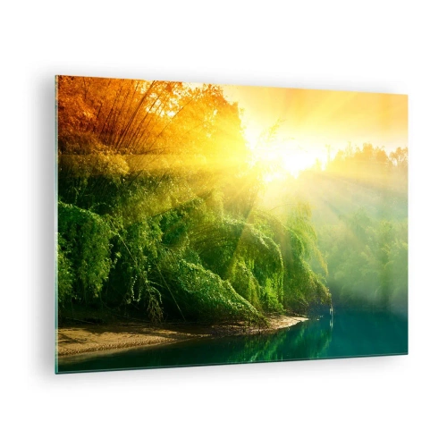 Obraz na szkle - Słoneczne promienie nad zieloną roślinnością przy rzece - 70x50cm - Utonąć w słońcu i w cieniu - Nowoczesna dekoracja ścienna do salonu i sypialni ARTTOR