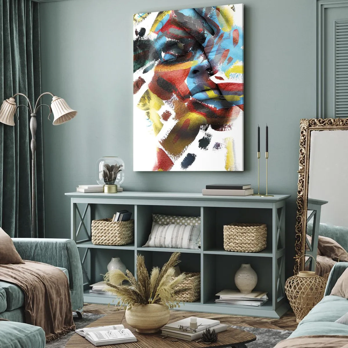 Obraz na płótnie - Abstrakcyjny portret twarzy w intensywnych kolorach - 50x70cm - Barwna osobowość - Nowoczesna dekoracja ścienna do salonu, kuchni i sypialni ARTTOR