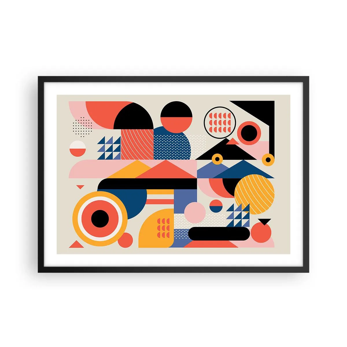 Plakat w czarnej ramie - Kolorowe geometryczne kształty w stylu retro - 70x50cm - Kompozycja: pobaw się - Nowoczesna dekoracja ścienna do salonu i sypialni ARTTOR
