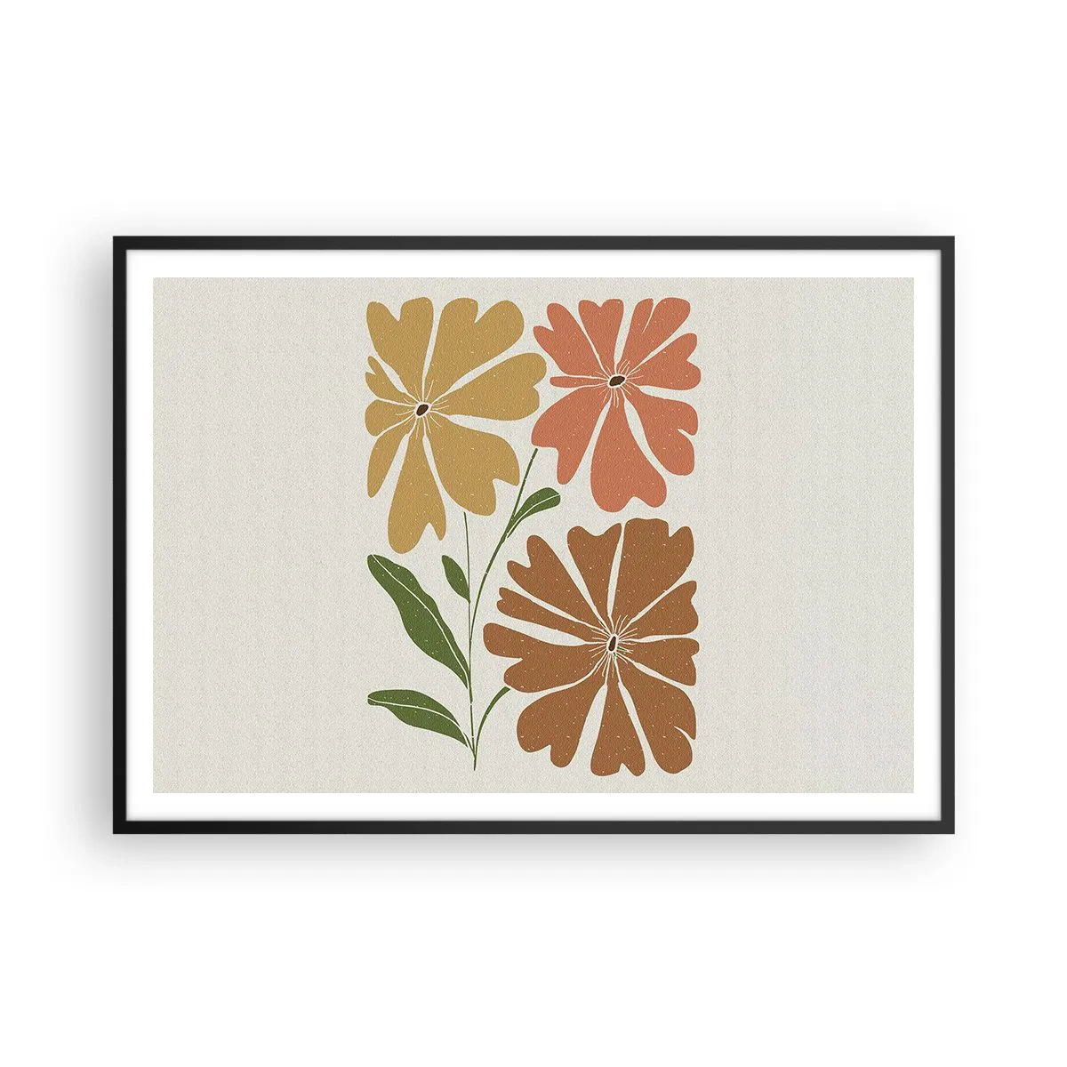 Plakat w czarnej ramie - Trzy kwiaty w ciepłych barwach na jasnym tle - 100x70cm - Natura i geometria - Nowoczesna dekoracja ścienna do salonu i sypialni ARTTOR