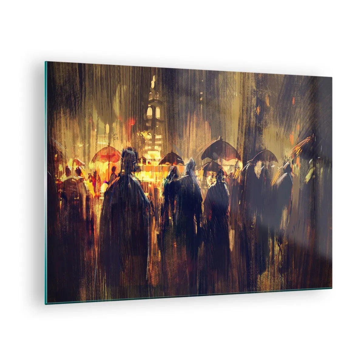 Obraz na szkle - Tłum z parasolami w deszczu na tle miejskich świateł - 70x50cm - Wyznawcy deszczu - Nowoczesna dekoracja ścienna do salonu i sypialni ARTTOR