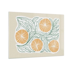 Obraz na szkle - Pomarańczowe owoce i zielone liście w graficznej kompozycji - 70x50cm - Etnicznie z nutą abstrakcji - Nowoczesna dekoracja ścienna do salonu i sypialni ARTTOR