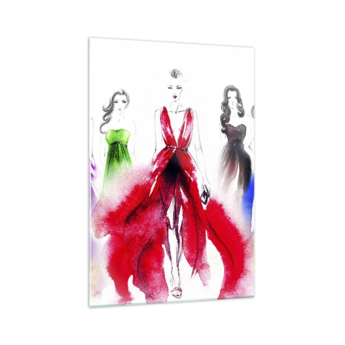 Obraz na szkle - Ilustracja mody z modelkami w kolorowych sukniach - 70x100cm - Nastroje na stroje - Nowoczesna dekoracja ścienna do salonu i sypialni ARTTOR