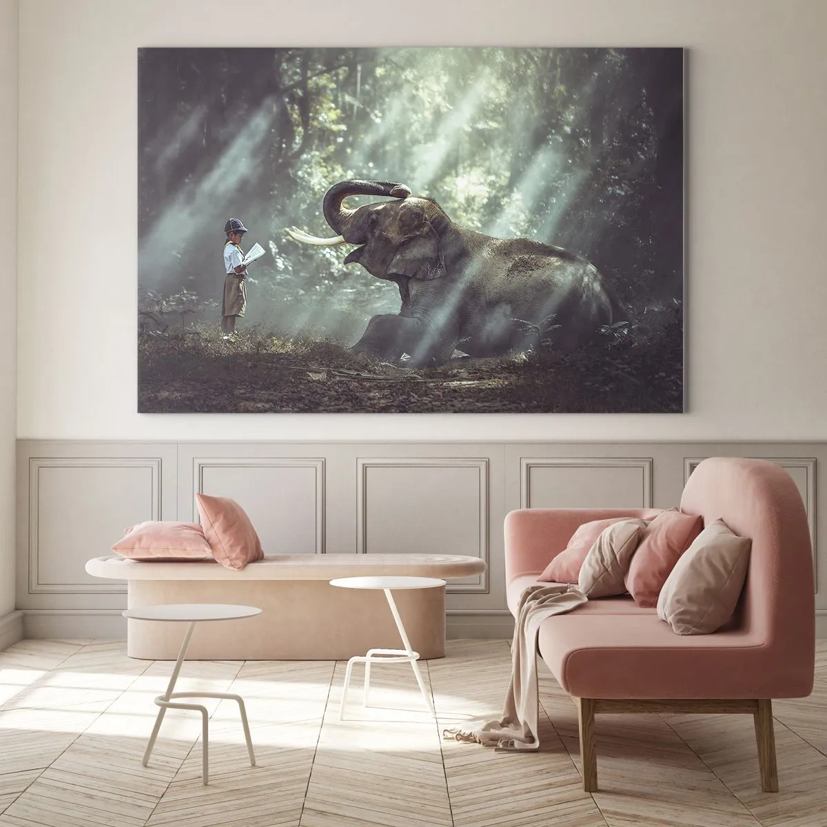 Obraz na szkle - Chłopiec z książką i słoń w leśnym otoczeniu - 70x50cm - A posłuchaj tego… - Nowoczesna dekoracja ścienna do salonu i sypialni ARTTOR