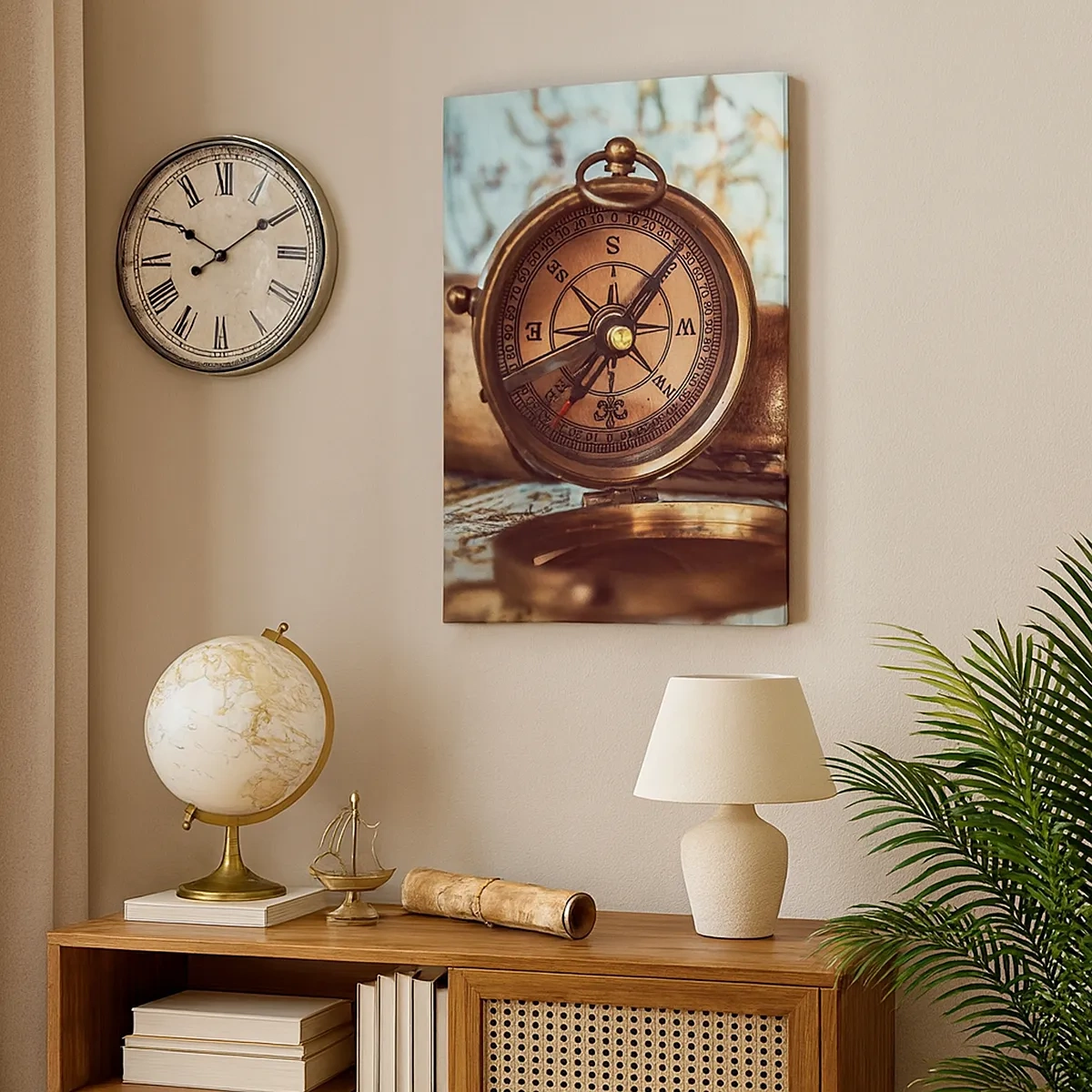 Obraz na płótnie - Zabytkowy kompas na tle mapy w stylu retro - 50x70cm - Piracka przygoda na Karaibach czeka - Nowoczesna dekoracja ścienna do salonu, kuchni i sypialni ARTTOR