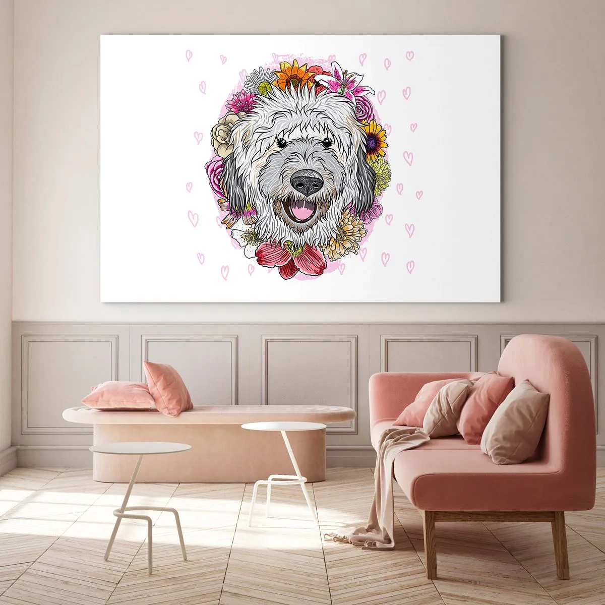 Obraz na szkle - Ilustracja przedstawiająca psa w otoczeniu kwiatów - 100x70cm - Szczenięca radość - Nowoczesna dekoracja ścienna do salonu, kuchni i sypialni ARTTOR
