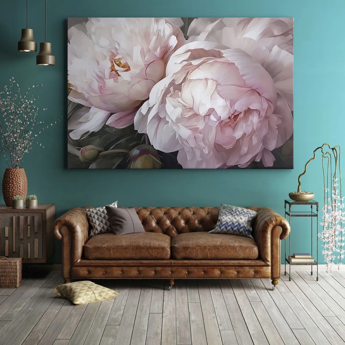Obraz na płótnie - Delikatne różowe piwonie w pełnym rozkwicie - 70x50cm - Zatrzymane w rozkwicie - Nowoczesna dekoracja ścienna do salonu i sypialni ARTTOR